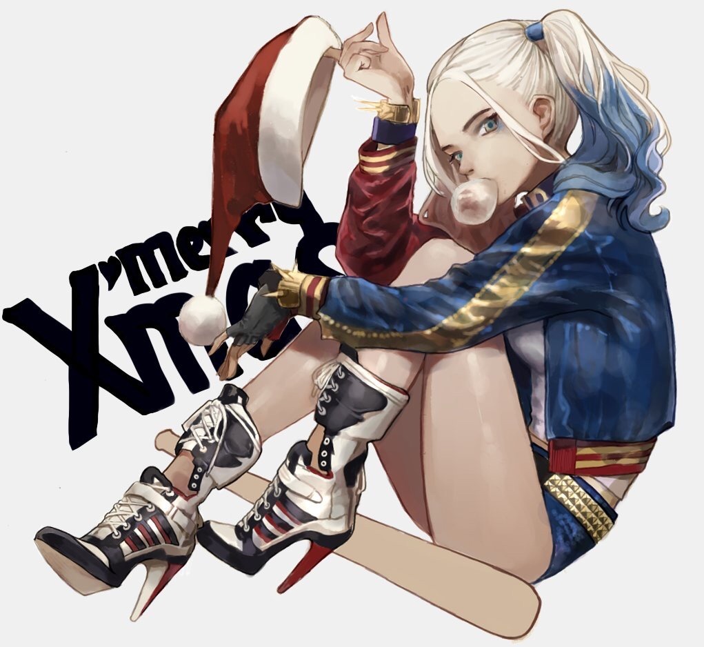 1girl ankle_boots baseball_bat black_boots black_gloves blowing_bubbles blue_hair blue_shorts boots chewing_gum commentary dated_commentary dc_comics dc_extended_universe fingerless_gloves from_side full_body fur-trimmed_headwear fur_trim gloves grey_eyes harley_quinn hat high_heel_boots high_heels holding holding_unworn_clothes holding_unworn_hat jacket long_sleeves looking_at_viewer medium_hair merry_christmas micro_shorts multicolored_boots multicolored_hair multicolored_jacket open_clothes open_jacket pom_pom_(clothes) red_boots red_hat red_jacket sakauchi_waka santa_hat shirt shorts simple_background solo suicide_squad twintails two-tone_hair unworn_hat unworn_headwear white_background white_boots white_hair white_shirt yellow_jacket