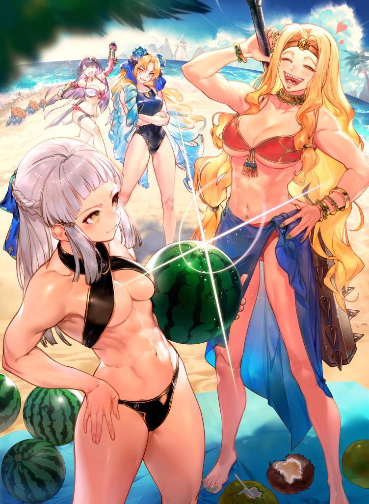 astraea_(fate) bikini blonde_hair blue_hair bracelet breasts club club_(weapon) coconut crossed_arms drill_hair fate/grand_order fate_(series) food fruit gradient_hair green_nails hand_on_own_hip jewelry kanabou kingprotea_(fate) kodama_(wa-ka-me) large_breasts martha_(fate) martha_(swimsuit_ruler)_(fate) martha_(swimsuit_ruler)_(third_ascension)_(fate) medium_breasts multicolored_hair muscular muscular_female nail_polish navel one-piece_swimsuit one_eye_closed penthesilea_(fate) purple_hair quetzalcoatl_(fate) sharp_teeth swimsuit teeth watermelon weapon white_hair