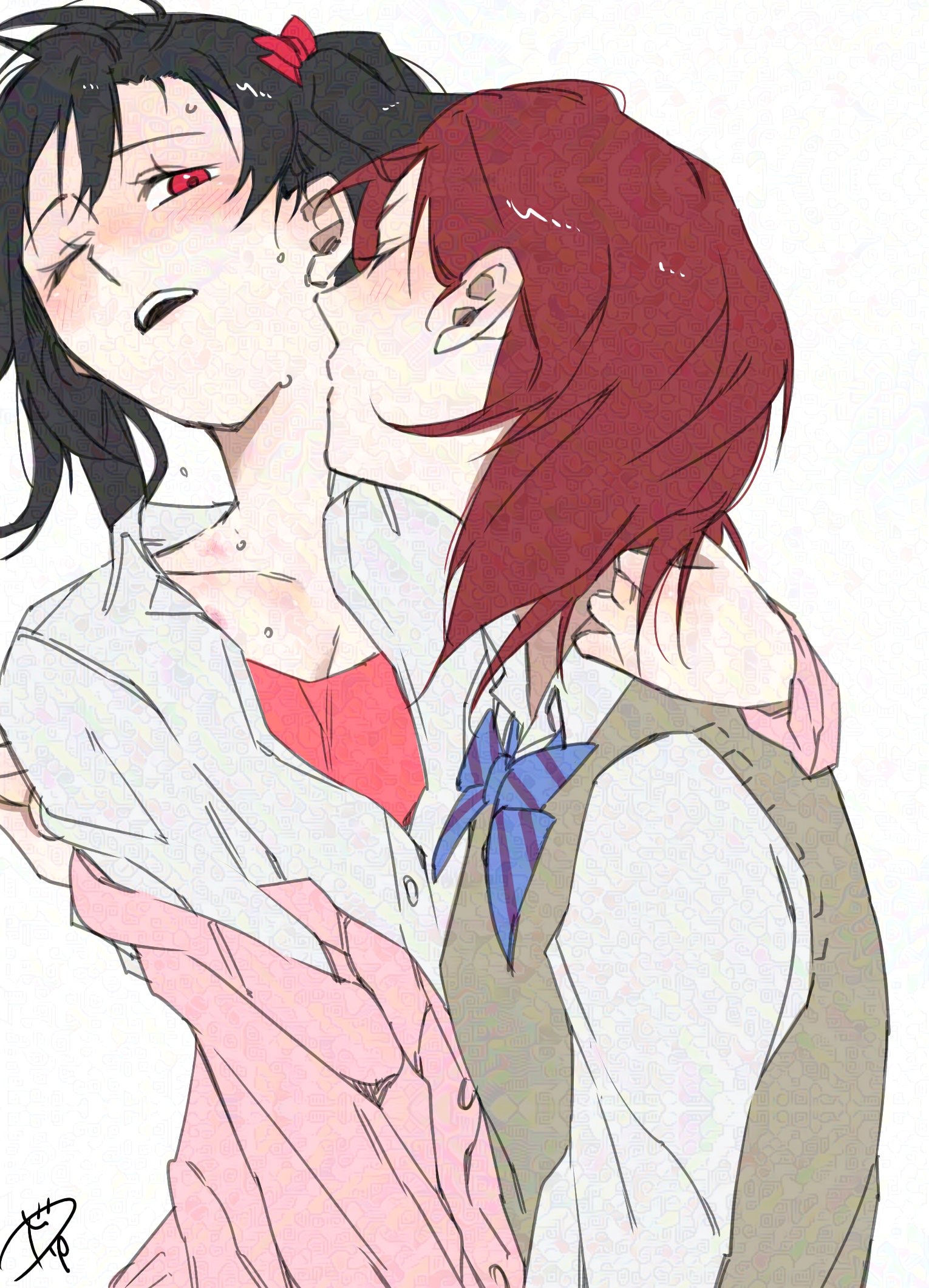 2girls adversarial_noise arm_around_neck black_hair blue_bow blue_bowtie blush bow bowtie brown_sweater_vest cardigan closed_eyes collared_shirt commentary hashtag-only_commentary highres kiss kissing_neck love_live! love_live!_school_idol_project medium_hair multiple_girls nishikino_maki one_eye_closed open_mouth otonokizaka_school_uniform pink_cardigan red_eyes red_hair school_uniform shirt simple_background surfacedxxc sweat sweater_vest twintails white_background white_shirt yazawa_nico yuri
