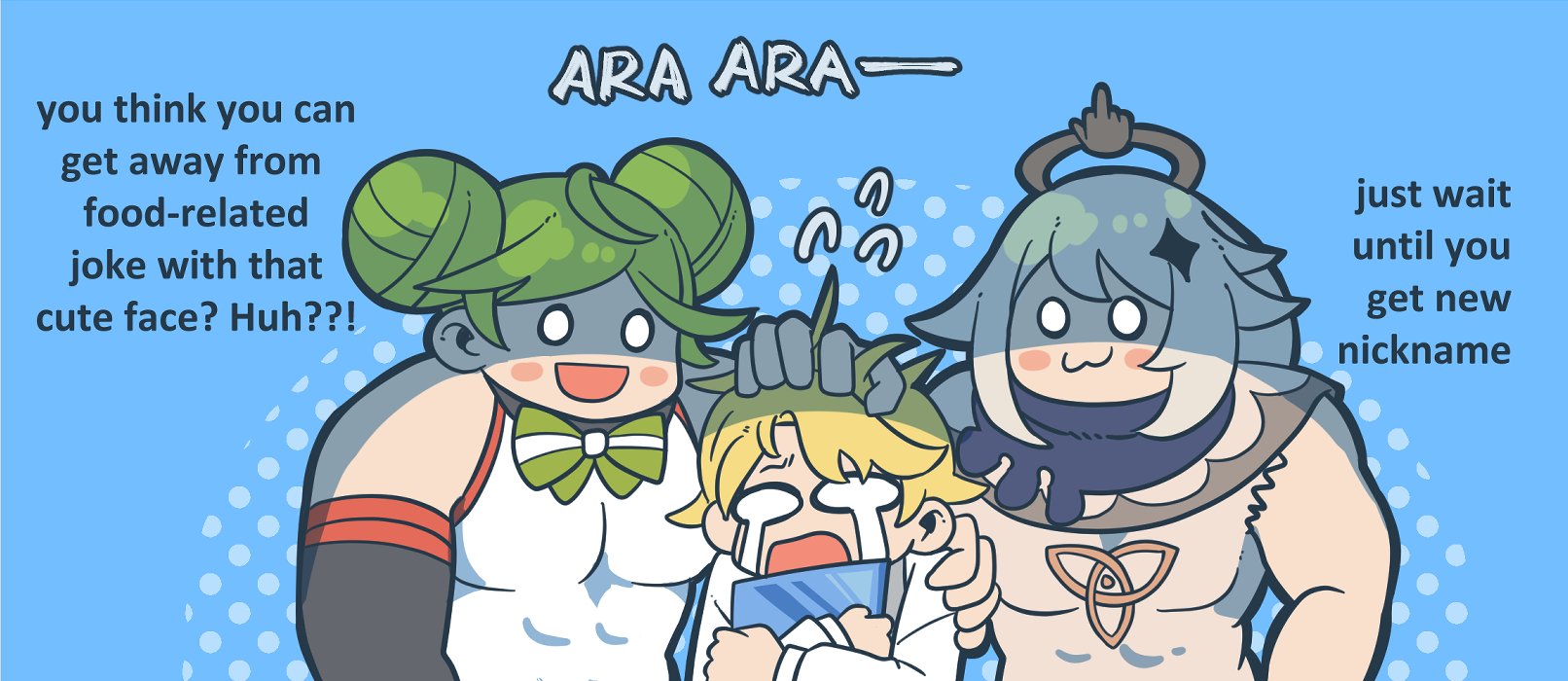 1boy 2girls :3 :d :o ai-chan_(honkai_impact) black_scarf blonde_hair blue_background boots closed_eyes closed_mouth company_connection crossover crying crying_with_eyes_open davis_(tears_of_themis) double_bun dress genshin_impact green_hair grey_necktie grey_vest grin hair_bun halo hand_on_another's_head highres holding holding_tablet_pc honkai_(series) honkai_impact_3rd long_hair long_sleeves middle_finger mihoyo multiple_girls muscular muscular_female necktie open_mouth paimon_(genshin_impact) paipaimonmon polo_shirt scarf short_hair simple_background sleeveless sleeveless_dress smile tablet_pc tears tears_of_themis vest white_dress white_footwear white_hair white_sleeves