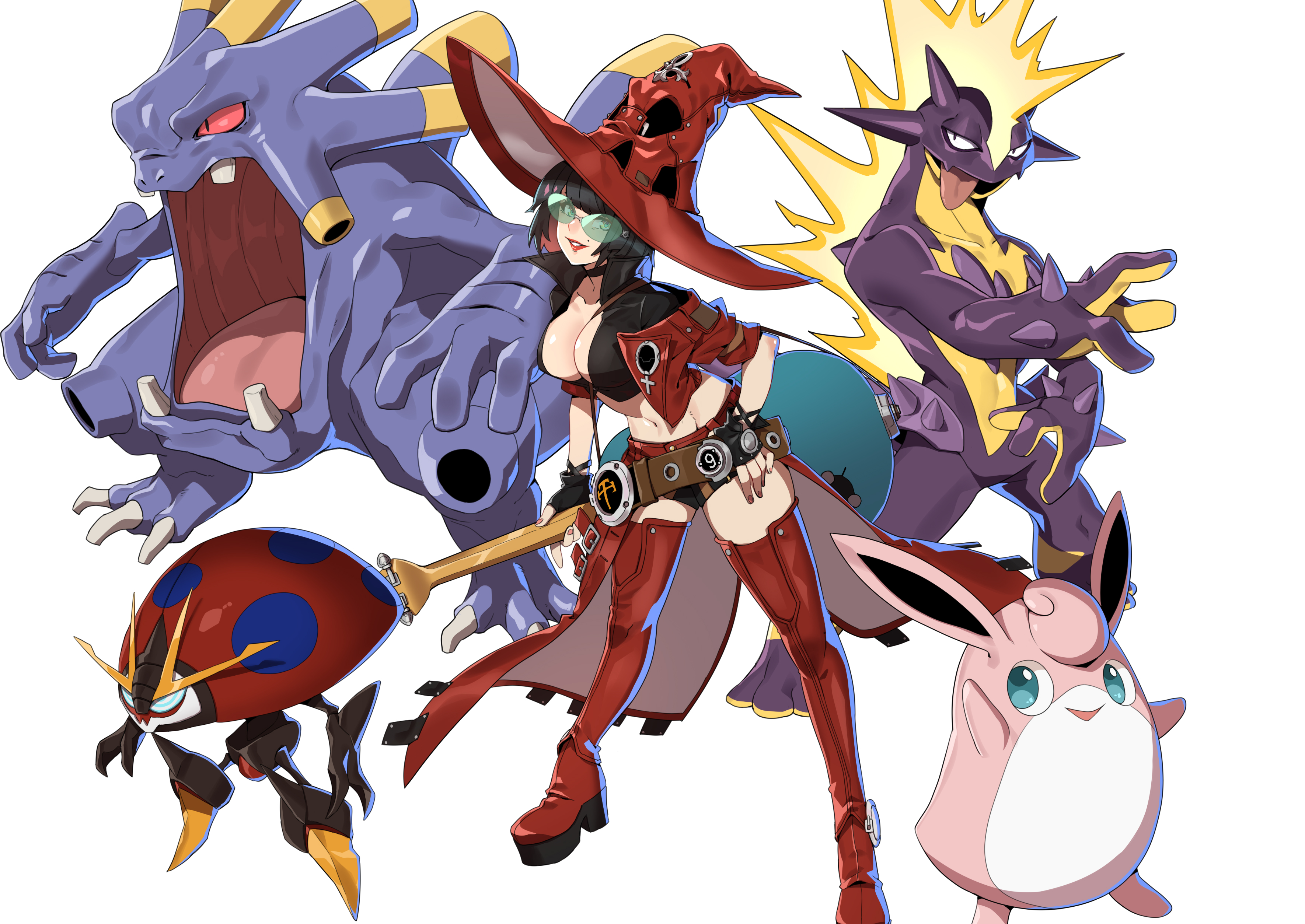 1girl absurdres black_choker black_gloves black_hair blunt_bangs boots breasts bug choker cleavage creatures_(company) cropped_jacket crossover exploud fingerless_gloves game_freak gen_1_pokemon gen_3_pokemon gen_8_pokemon gloves guilty_gear guilty_gear_strive guitar hat high_collar highres holding holding_instrument i-no instrument jacket large_breasts lips makai mole mole_above_mouth nintendo orbeetle parted_lips pokemon pokemon_(creature) red_footwear red_jacket short_hair short_shorts shorts simple_background sunglasses thigh_boots thighhighs tongue toxtricity toxtricity_(amped) white_background wigglytuff witch_hat