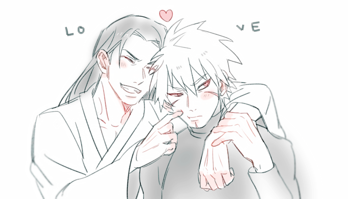 2boys brothers closed_eyes english_text facial_mark grey_hair grin heart long_hair male_focus multiple_boys naruto_(series) naruto_shippuuden red_eyes senju_hashirama senju_tobirama siblings smile vosovic