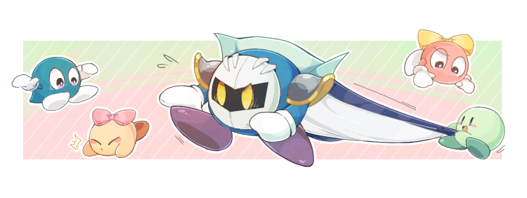 :d ^^^ armor blue_cape blush blush_stickers border bow cape cape_tug character_request closed_eyes commentary_request fallen_down flying_sweatdrops furrowed_brow gloves gradient_background kirby:_right_back_at_ya! kirby_(series) lalala_(kirby) lololo_(kirby) looking_at_another mask meta_knight midooka_(o_k_k) nintendo no_humans open_mouth outside_border pauldrons pink_bow purple_eyes shoulder_armor simple_background smile white_border white_gloves yellow_bow yellow_eyes
