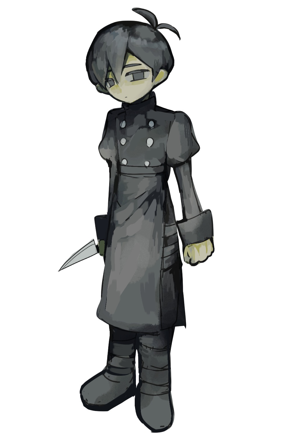 1boy alternate_costume antenna_hair apron arms_at_sides black_apron black_boots black_eyes black_hair black_jacket black_pants boots buttons closed_mouth commentary double-breasted double-parted_bangs empty_eyes expressionless full_body hair_between_eyes half-closed_eyes highres holding holding_knife jacket jitome juliet_sleeves knife long_sleeves male_focus no_pupils omori pants puffy_sleeves reverse_grip short_hair simple_background solo standing sunny_(omori) symbol-only_commentary t416325399 turtleneck turtleneck_jacket very_short_hair white_background