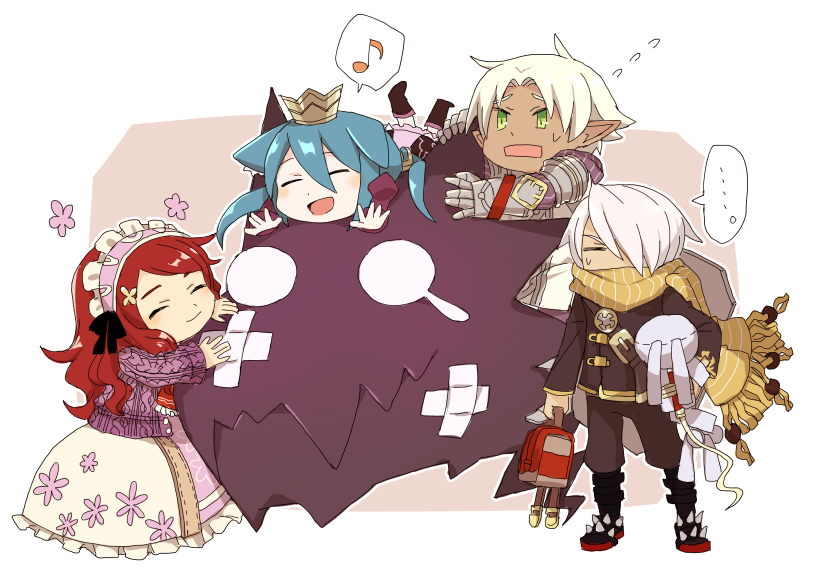 ... 2boys 2girls 7th_dragon 7th_dragon_(series) :d animal_ears backpack bag bandages boots closed_eyes dark-skinned_male dark_skin dragon dress frilled_hairband frills full_body green_eyes grion_(7th_dragon) hairband healer_(7th_dragon) holding holding_bag knight_(7th_dragon) long_hair momomeno_(7th_dragon) multiple_boys multiple_girls musical_note n-mio open_mouth pointy_ears princess_(7th_dragon) red_hair rogue_(7th_dragon) rosary_(7th_dragon) scarf smile spoken_ellipsis spoken_musical_note standing stuffed_animal stuffed_rabbit stuffed_toy sweater tearing_up white_hair yac_(7th_dragon) yellow_scarf
