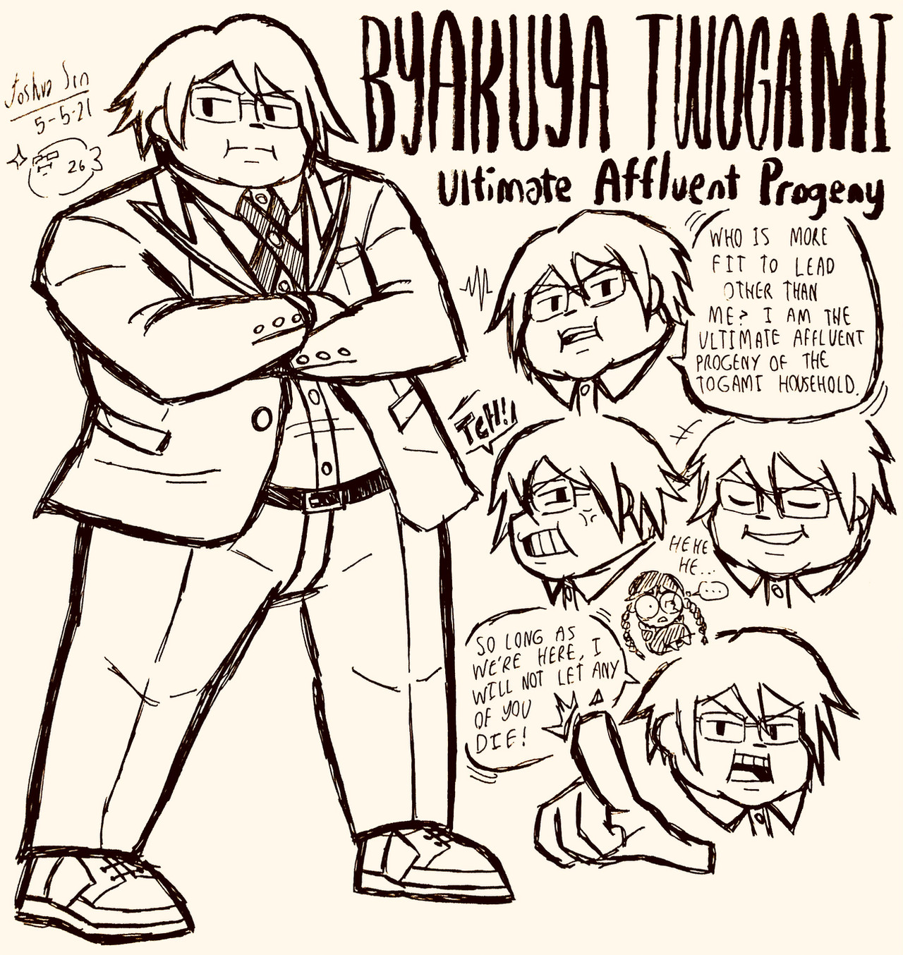 1boy 1girl anger_vein belt buttons character_name closed_eyes closed_mouth collared_jacket collared_shirt crossed_arms danganronpa:_trigger_happy_havoc danganronpa_(series) danganronpa_2:_goodbye_despair dated doodle_inset english_text fat fat_man from_side fukawa_toko full_body glasses greyscale hatching_(texture) highres jacket josh-s26 laughing long_hair long_sleeves male_focus monochrome multiple_views open_clothes open_jacket open_mouth pants pointing pointing_at_viewer round_eyewear shirt shoes short_hair signature simple_background smile speech_bubble standing teeth togami_byakuya_(danganronpa_2) twintails upper_teeth_only v-shaped_eyebrows white_background