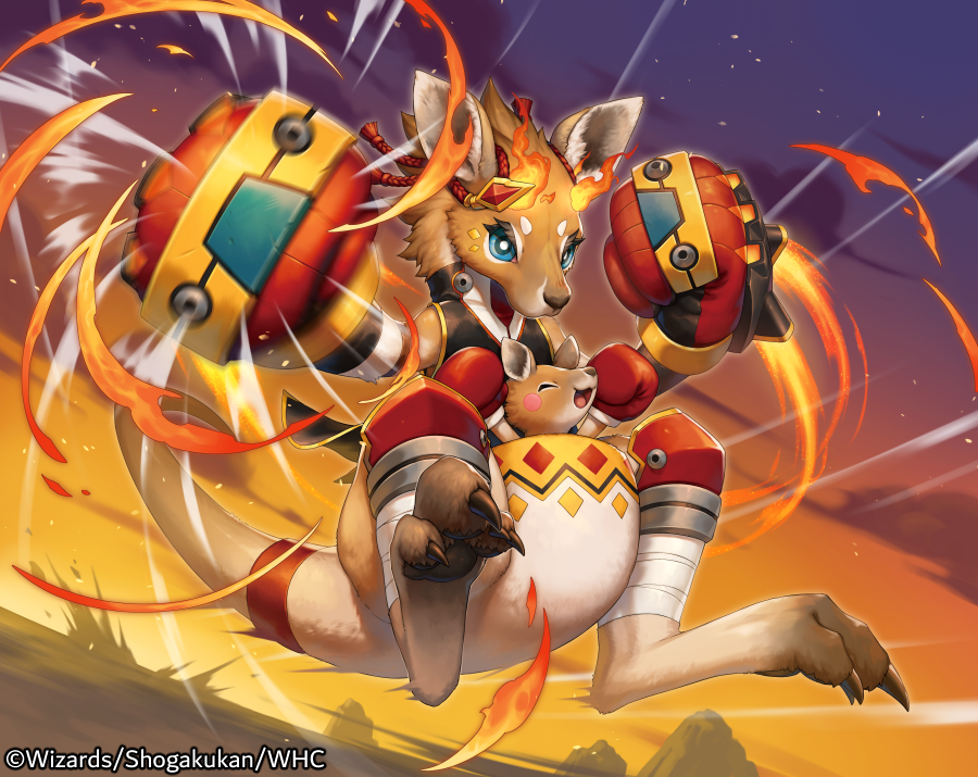 animal animal_focus blue_eyes blush_stickers boxing_gloves bright_pupils claws clothed_animal copyright_notice duel_masters embers fire fully_equipped_pyongaroo gradient_sky kangaroo kemonomichi_(blue_black) motion_lines official_art punching sky white_pupils