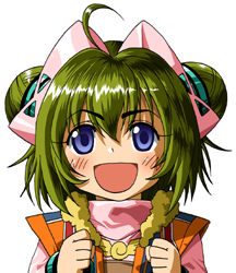 1girl :d ahoge bad_source blue_eyes commentary_request double_bun green_hair hair_between_eyes hair_bun lowres maso_(ascii_art) mihiro_ardygun open_clothes open_mouth open_vest orange_vest short_hair simple_background smile solo super_robot_wars super_robot_wars_w upper_body vest white_background