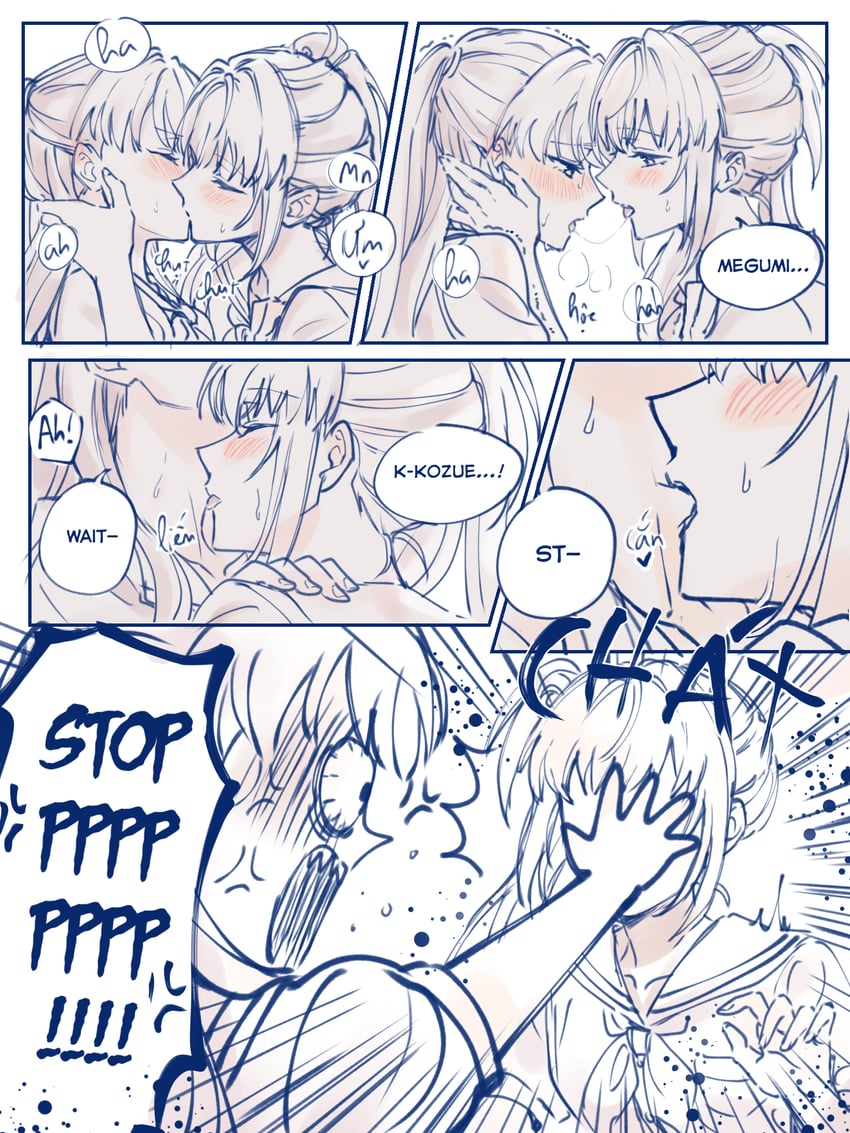 2girls anger_vein angry biting blush commentary emphasis_lines english_text french_kiss fujishima_megumi greyscale hair_bun hand_on_another&#039;s_face hasu_no_sora_school_uniform kiss licking licking_another&#039;s_neck link!_like!_love_live! long_hair love_live! monochrome multiple_girls neck_biting neckerchief otomune_kozue sailor_collar saliva saliva_trail sanpaku school_uniform sharp_teeth short_sleeves side_ponytail sidelocks single_side_bun slapping speech_bubble spot_color summer_uniform tagme teeth two_side_up v-shaped_eyebrows virtual_youtuber yuri zenma_trang