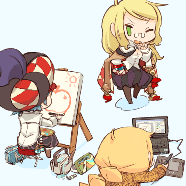 3girls 7th_dragon 7th_dragon_(series) art_brush canvas_(object) chibi computer drawing_tablet easel glasses healer_(7th_dragon) computer_keyboard laptop mage_(7th_dragon) mol_(7th_dragon) mota multiple_girls one_eye_closed paintbrush painttool_sai paint_palette sharuru_(7th_dragon) vanessa_(7th_dragon) wacom wink