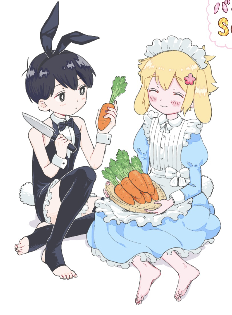 2boys alternate_costume animal_ears basil_(faraway)_(omori) basil_(omori) black_bow black_bowtie black_eyes black_hair black_hairband black_thighhighs blonde_hair blush bow bowtie carrot closed_eyes closed_mouth fake_animal_ears flower hair_flower hair_ornament hairband holding holding_carrot holding_knife knee_up knife long_sleeves maid_headdress male_focus male_playboy_bunny miranosub multiple_boys omori rabbit_ears simple_background sitting smile stirrup_legwear sunny_(omori) thighhighs toeless_legwear white_background wrist_cuffs