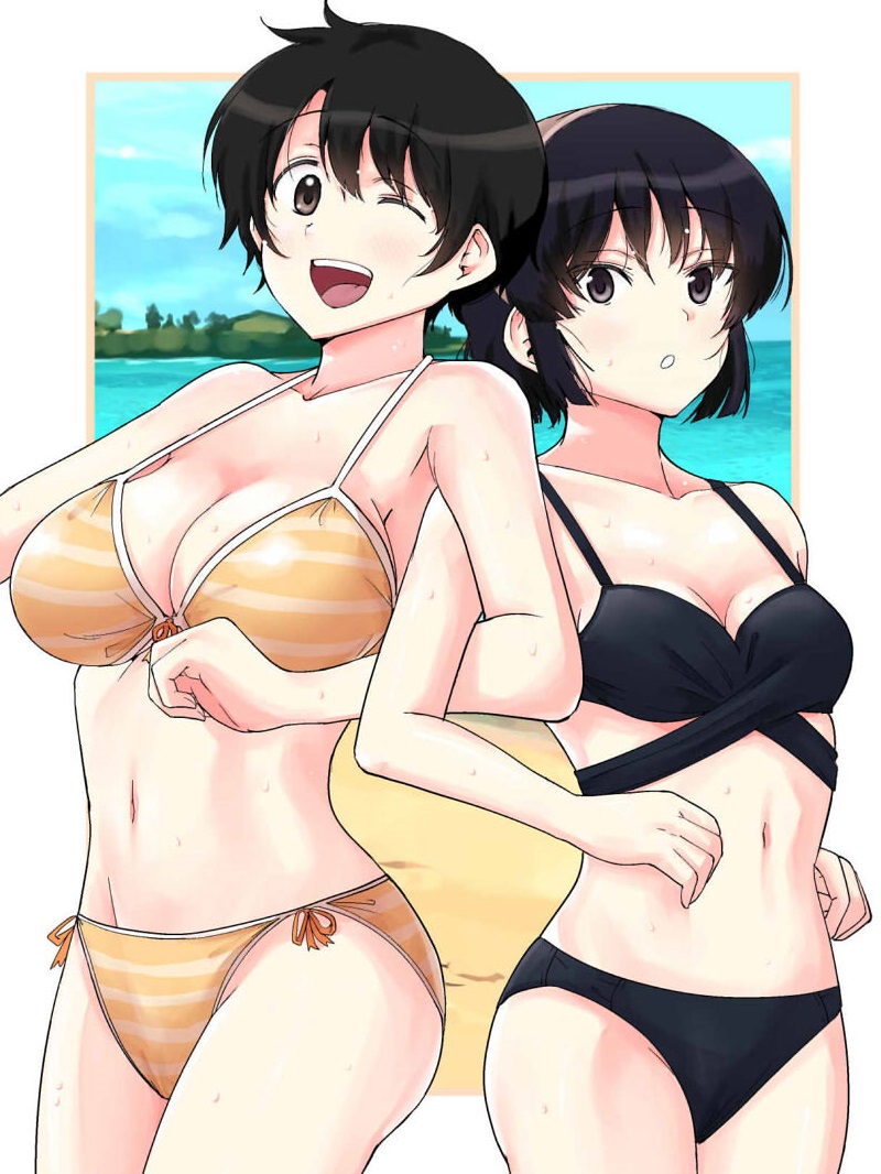 2girls ;d bikini black_bikini black_eyes black_hair blue_sky border breasts cleavage collarbone commentary_request cowboy_shot kujou_meika large_breasts locked_arms looking_at_viewer meika-san_wa_oshikorosenai multiple_girls navel ocean oka_miyako one_eye_closed open_mouth orange_bikini outside_border parted_lips saitou_shouki short_hair side-tie_bikini_bottom sky small_breasts smile standing stomach striped_bikini striped_clothes swimsuit teeth upper_teeth_only wet white_border