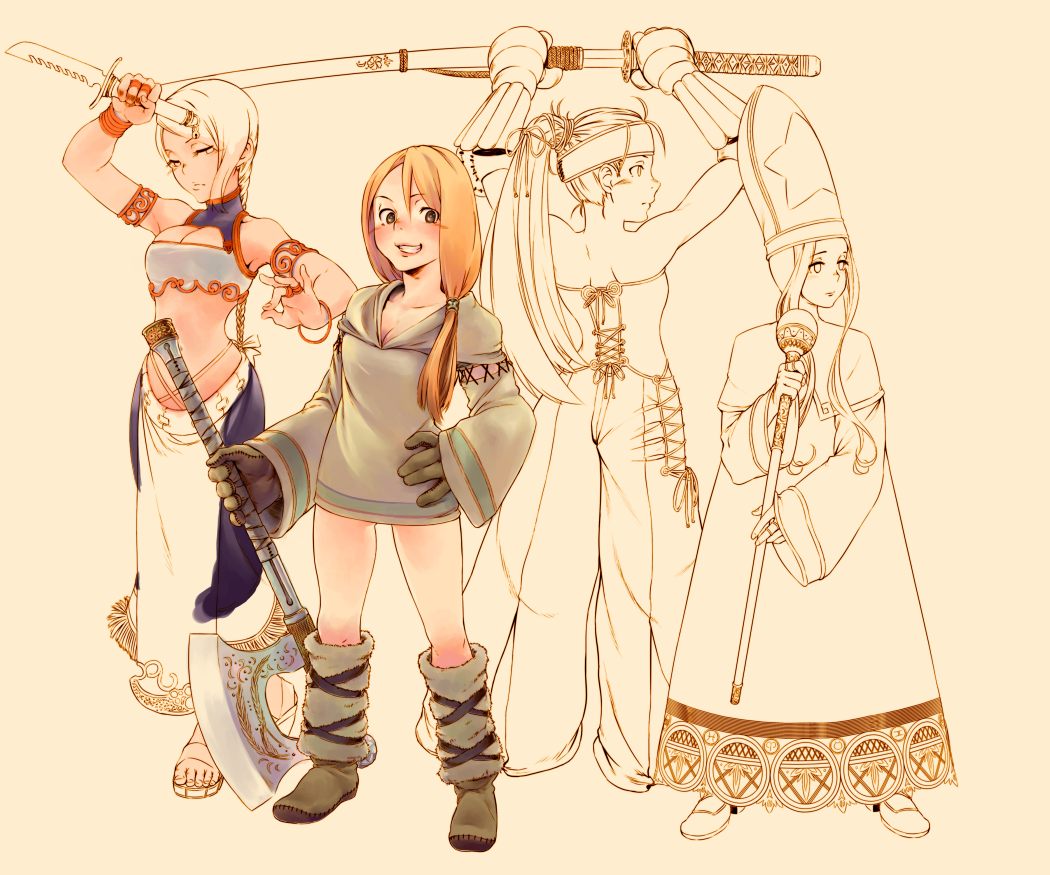 4girls armband axe blonde_hair boots bracelet braid brown_eyes dancer dancer_(fft) female_focus final_fantasy final_fantasy_tactics geomancer geomancer_(fft) gloves grin hajime_(pixiv695496) hat headband jewelry katana loincloth long_hair midriff multiple_girls ponytail ring robe samurai samurai_(fft) sandals single_braid smile staff strapless sword time_mage time_mage_(fft) tube_top weapon