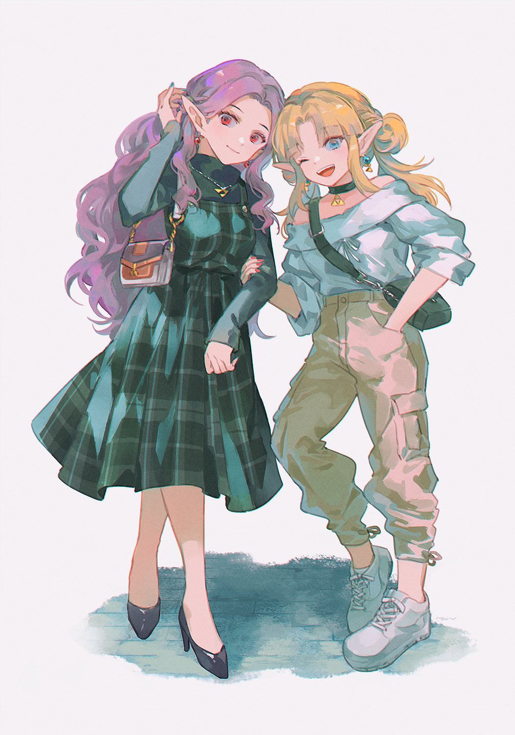 2girls ;d adjusting_hair alternate_costume bag black_choker black_dress black_footwear blonde_hair blue_eyes blue_nails brown_pants choker closed_mouth contemporary dress earrings hair_behind_ear hand_in_pocket handbag heel_up highres holding_another&#039;s_arm jewelry long_hair long_sleeves looking_at_viewer multiple_girls necklace nintendo off-shoulder_shirt off_shoulder one_eye_closed open_mouth pants plaid_clothes plaid_dress pointy_ears princess_hilda princess_zelda purple_hair rain_rkgk red_eyes red_nails shirt shoes shoulder_bag simple_background smile standing teeth the_legend_of_zelda the_legend_of_zelda:_a_link_between_worlds triforce upper_teeth_only white_background white_footwear white_shirt
