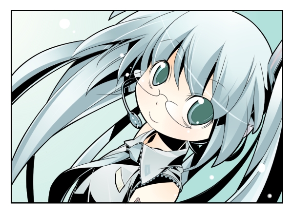 aqua_background aqua_eyes aqua_hair aqua_necktie bespectacled blouse collared_shirt glass glasses grey_shirt hatsune_miku headphones long_hair microphone necktie number_tattoo nyuusankin shirt shoulder_tattoo simple_background sleeveless sleeveless_shirt solo tattoo twintails very_long_hair vocaloid