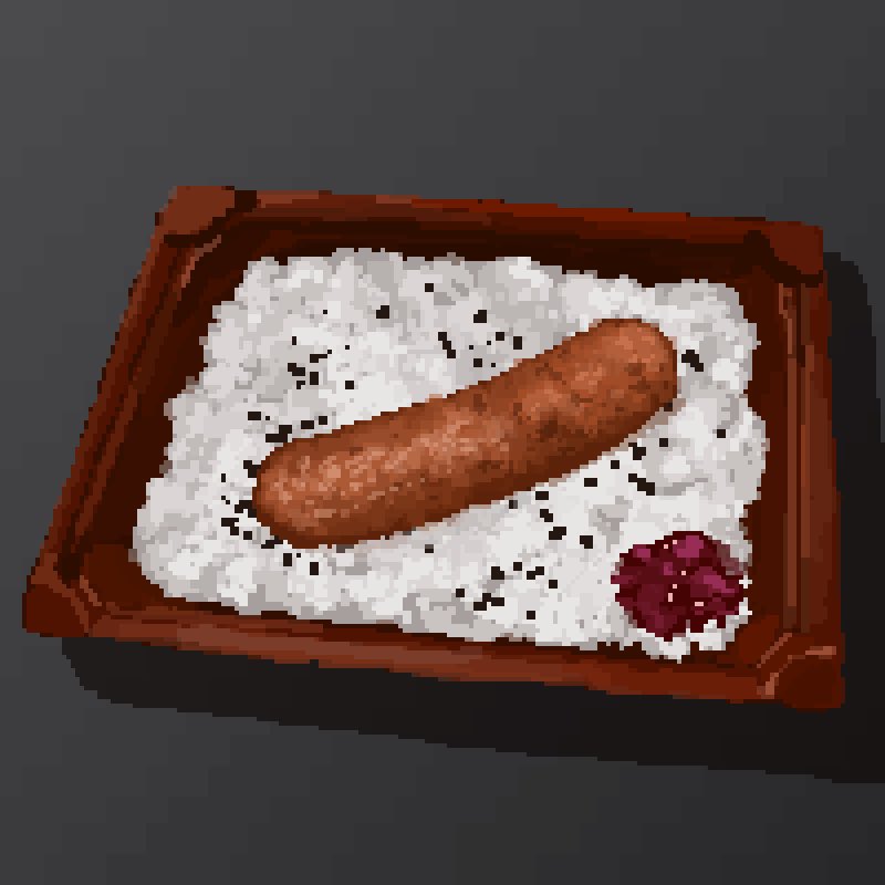 bento box food food_focus fukujinzuke grey_background hisachan55cute no_humans original pixel_art rice sausage sesame_seeds shadow simple_background still_life