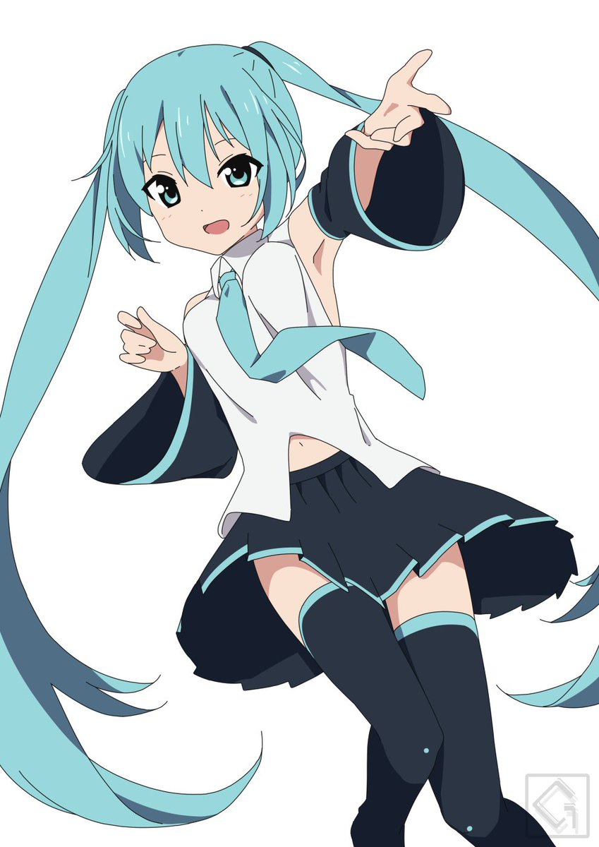 1girl anime_coloring aqua_eyes aqua_hair aqua_necktie armpits artist_logo bare_shoulders between_breasts black_skirt black_sleeves black_thighhighs breasts commentary detached_sleeves feet_out_of_frame foreshortening giryu hatsune_miku highres logo long_hair looking_at_viewer midriff miniskirt navel necktie necktie_between_breasts offering_hand open_mouth outstretched_arm pleated_skirt reaching reaching_towards_viewer shirt skirt sleeveless sleeveless_shirt small_breasts smile solo thighhighs twintails very_long_hair vocaloid white_background white_shirt zettai_ryouiki