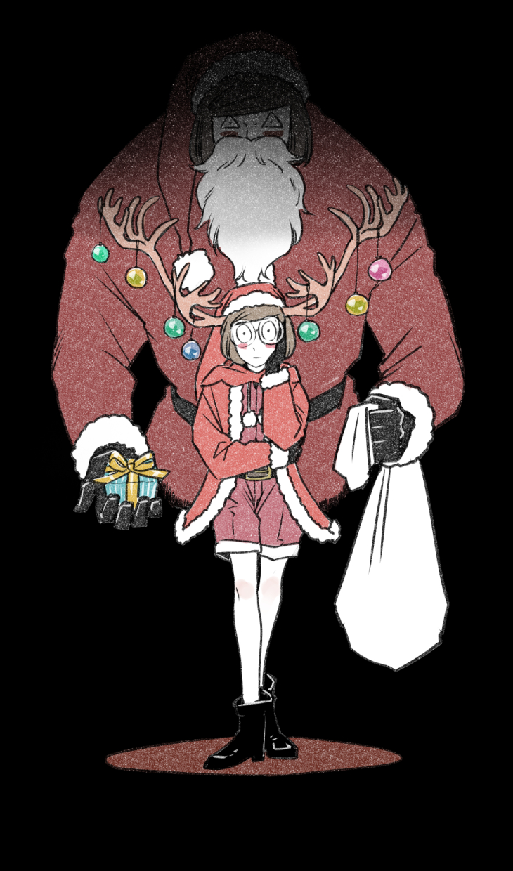 2boys aged_down antler_ornament antlers axe_luther black_background boots box brown_hair christmas coat commentary_request dream_luther dual_persona fake_beard fake_facial_hair gift gift_box glasses hat highres holding holding_gift holding_sack horns luther_von_ivory male_focus multiple_boys randal&#039;s_friends red_coat reindeer_antlers round_eyewear sack santa_costume santa_hat short_hair shorts tsukasa_(tsukasa_mimizuku)