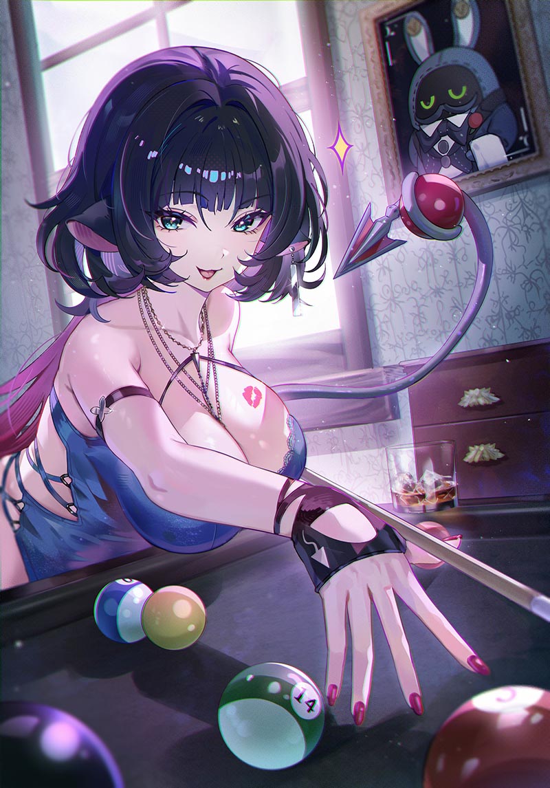 animal_ears aqua_eyes bangboo_(zenless_zone_zero) bare_shoulders billiards black_hair blue_shirt breasts cleavage indoors jane_doe_(zenless_zone_zero) large_breasts lipstick_mark lipstick_mark_on_breast long_hair looking_at_viewer mouse_ears mouse_girl mrr_05 multicolored_hair open_mouth pool_table portrait_(object) red_hair shirt smile star_(symbol) table two-tone_hair zenless_zone_zero