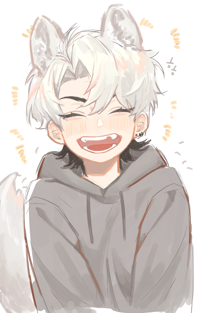 1boy animal_ear_fluff animal_ears black_hair blush closed_eyes commentary_request curtained_hair dog_boy dog_ears dog_tail drawstring earrings eunho_(plave) fangs grey_hoodie grin hair_between_eyes happy hood hood_down hoodie jewelry kemonomimi_mode korean_commentary male_focus multicolored_hair open_mouth piercing plave s_e_o_bee smile solo tail teeth two-tone_hair white_background white_hair