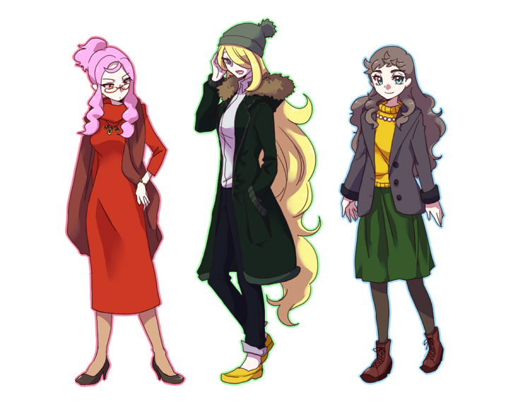 3girls beanie black_footwear black_pantyhose blonde_hair blue_eyes brown_hair coat cynthia_(pokemon) diantha_(pokemon) dress fur-trimmed_coat fur_trim glasses green_skirt hat ivory_(25680nico) long_hair malva_(pokemon) multiple_girls nintendo pantyhose pink_eyes pink_hair pokemon pokemon_dppt pokemon_xy red_dress shoes simple_background skirt smile white_background yellow_shoes
