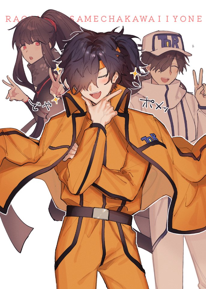 1girl 2boys baseball_cap belt black_hair brown_belt chago_(aruchagos7180) closed_eyes double_v fate/grand_order fate_(series) grey_scarf hair_over_one_eye hat headband jacket jacket_on_shoulders long_sleeves messy_hair multiple_boys okada_izou_(fate) open_mouth orange_headband orange_jacket orange_pants oryou_(fate) pants ponytail red_eyes sakamoto_ryouma_(fate) scarf sparkle teeth upper_teeth_only v white_background white_hat white_pants
