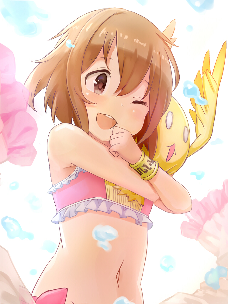 1girl 1other bikini bracer brown_eyes brown_hair hanami_yuzuka hug mahou_shoujo_nante_mou_ii_desukara. miton navel nomio one_eye_closed open_mouth pink_bikini short_hair showgirl_skirt smile swimsuit upper_body wind wind_lift wings