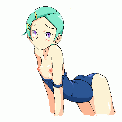 1girl blush breasts cl-55 eureka_(eureka_seven) eureka_seven eureka_seven_(series) female_focus green_hair hair_ornament hairclip ishichou_(idogaya) lowres nude open_clothes open_shirt purple_eyes shirt short_hair simple_background solo swimsuit