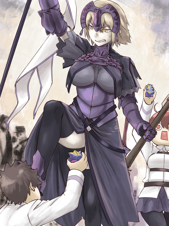 1boy 2girls armor armored_dress black_pantyhose black_thighhighs brown_eyes brown_hair dress fate/grand_order fate_(series) fine_art_parody foot_on_another&#039;s_face fujimaru_ritsuka_(female) fujimaru_ritsuka_(male) gauntlets gorget grey_hair headpiece holding ishii_hisao jeanne_d&#039;arc_(fate) jeanne_d&#039;arc_(ruler)_(fate) jeanne_d&#039;arc_alter_(avenger)_(fate) jeanne_d&#039;arc_alter_(fate) liberty_leading_the_people light_brown_hair multiple_girls outdoors pantyhose parody rectangular_mouth saint_quartz_(fate) short_hair standing standing_on_one_leg stomping sweat thighhighs yellow_eyes