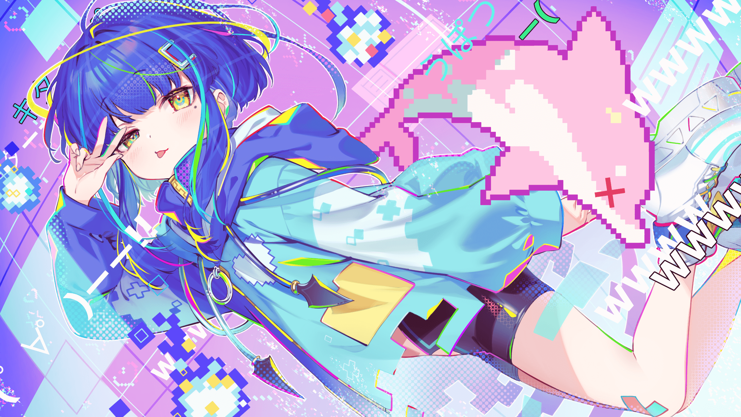 1girl black_shorts blue_hair blue_jacket dolphin first_stage_production highres hood hooded_jacket jacket looking_at_viewer mochituke_nullpo mole mole_under_eye multicolored_hair official_art outline pixel_art_inset shoes shorts shuri_(84k) solo streaked_hair tongue tongue_out virtual_youtuber w white_outline white_shoes yellow_eyes