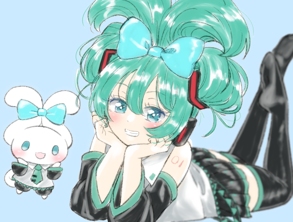 1girl bare_shoulders black_boots black_shorts black_skirt black_sleeves blue_bow blue_eyes blush boots bow cinnamiku cinnamoroll collared_shirt commentary_request crossover detached_sleeves green_hair green_necktie grin hair_between_eyes hair_bow hatsune_miku headphones legs_up long_sleeves lying naegi_(naegidokoro) necktie on_stomach pleated_skirt sanrio shirt shorts skirt sleeveless sleeveless_shirt smile thigh_boots tie_clip vocaloid white_shirt wide_sleeves