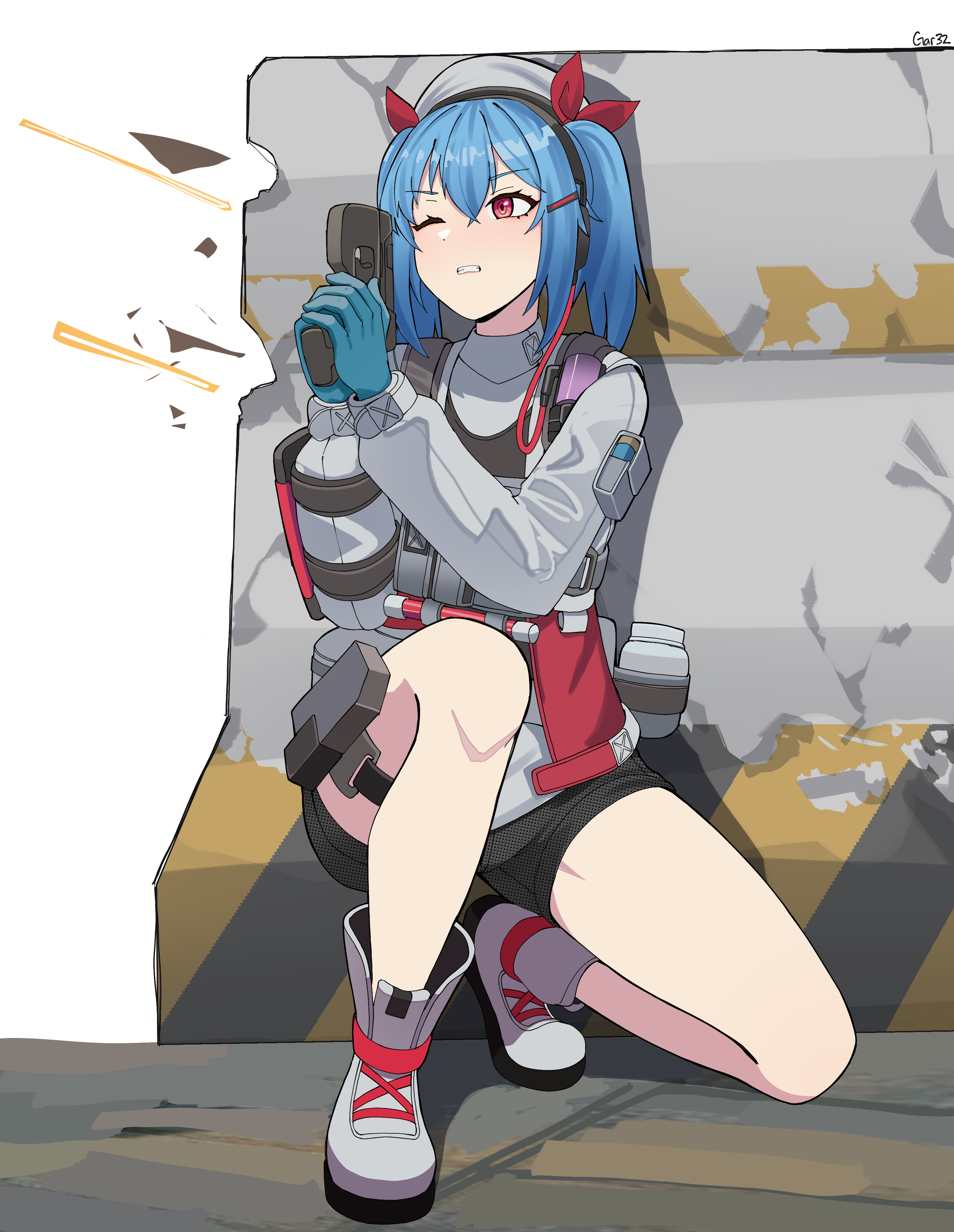 1girl absurdres black_shorts blue_hair boots clenched_teeth colphne_(girls'_frontline_2) commentary gar32 girls'_frontline girls'_frontline_2:_exilium grey_boots grey_jacket gun hair_between_eyes handgun hands_up highres holding holding_gun holding_weapon jacket one_eye_closed pocket_pistol red_eyes shorts simple_background solo squatting taurus_curve teeth twintails weapon white_background