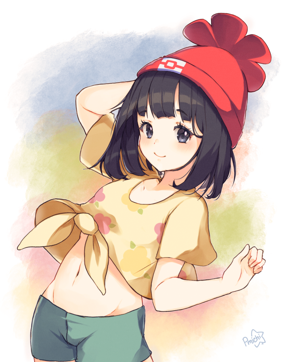 1girl arm_up asagawa_mikan_(peachy_michi) beanie black_eyes black_hair blunt_bangs blush creatures_(company) female_focus game_freak hat highres looking_at_viewer midriff navel nintendo pokemon pokemon_sm selene_(pokemon) shirt short_hair shorts signature simple_background smile solo tied_shirt