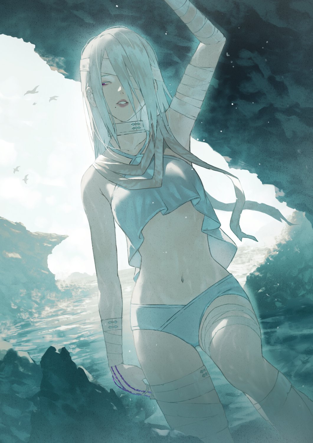 1girl a.k.i._(street_fighter) arm_up bandage_over_one_eye bandaged_arm bandaged_leg bandaged_neck bandages collarbone fagi_(kakikaki) hair_over_one_eye highres mole mole_under_mouth navel official_alternate_costume official_alternate_hairstyle red_eyes scenery solo street_fighter street_fighter_6 swimsuit white_hair