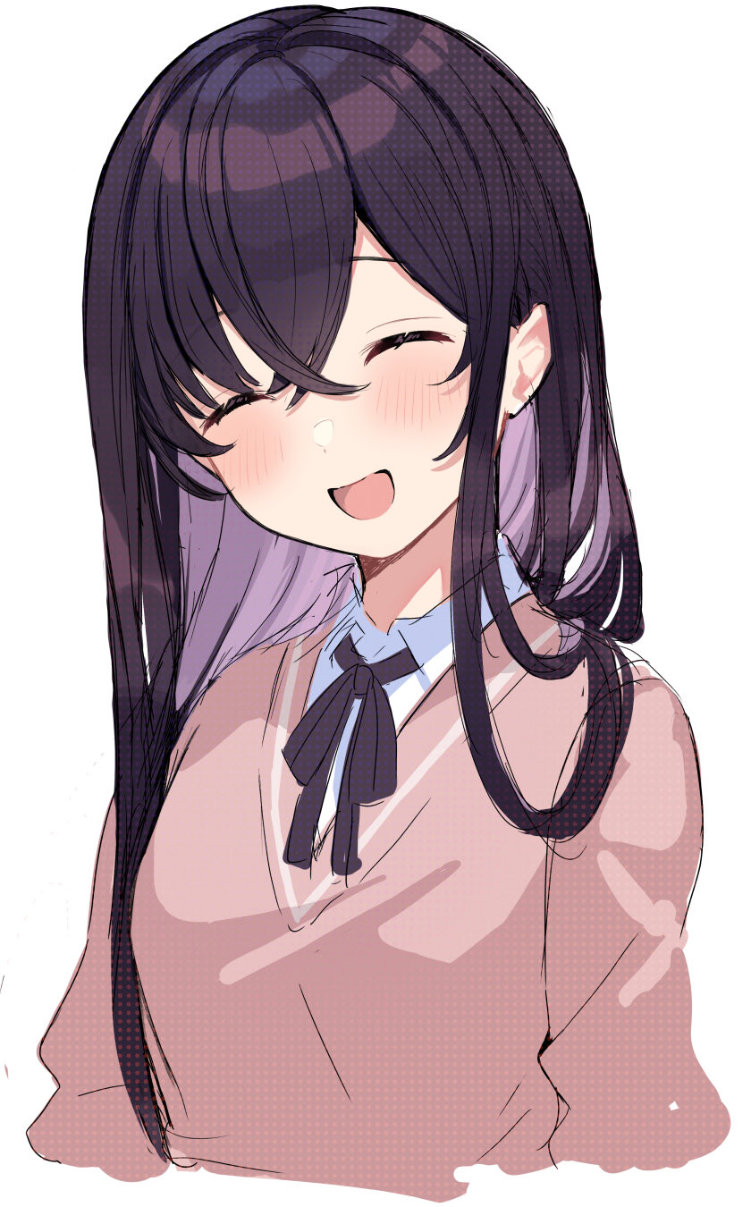 1girl :d ^_^ aoto_neko black_hair black_ribbon blush brown_sweater closed_eyes collared_shirt colored_inner_hair commentary_request cropped_arms cropped_torso facing_viewer highres long_hair multicolored_hair neck_ribbon open_mouth original ribbon shirt simple_background smile solo sweater white_background white_shirt