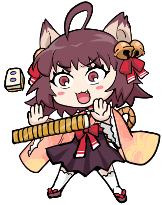 1girl :3 ahoge animal_ears bell blush_stickers bow brown_eyes brown_hair brown_shoes brown_skirt cat_ears cat_girl chibi commentary_request fang full_body hair_bell hair_bow hair_ornament ichihime japanese_clothes jingle_bell kimono looking_at_viewer lowres mahjong mahjong_soul mahjong_tile open_mouth pink_kimono red_bow shoes short_hair simple_background skirt smile socks solo standing tonda transparent_background waist_bow white_socks
