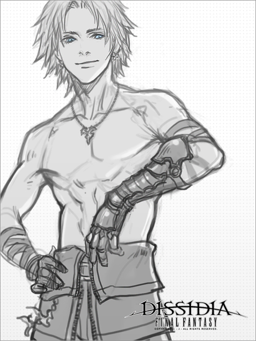 00s 1boy blue_eyes dissidia_012_final_fantasy dissidia_final_fantasy final_fantasy final_fantasy_x gauntlets j_(onose1213) male_focus topless_male short_hair solo spot_color tidus