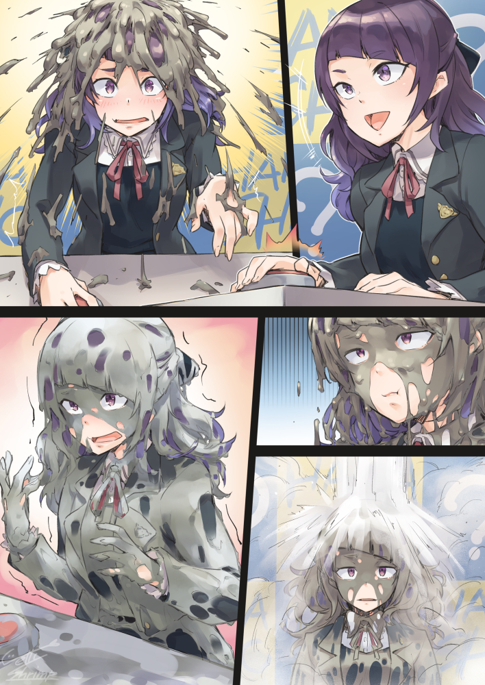 1girl embarrassed idolmaster idolmaster_shiny_colors jelly_shrimp looking_at_viewer mud open_mouth purple_hair tanaka_mamimi wet wet_clothes