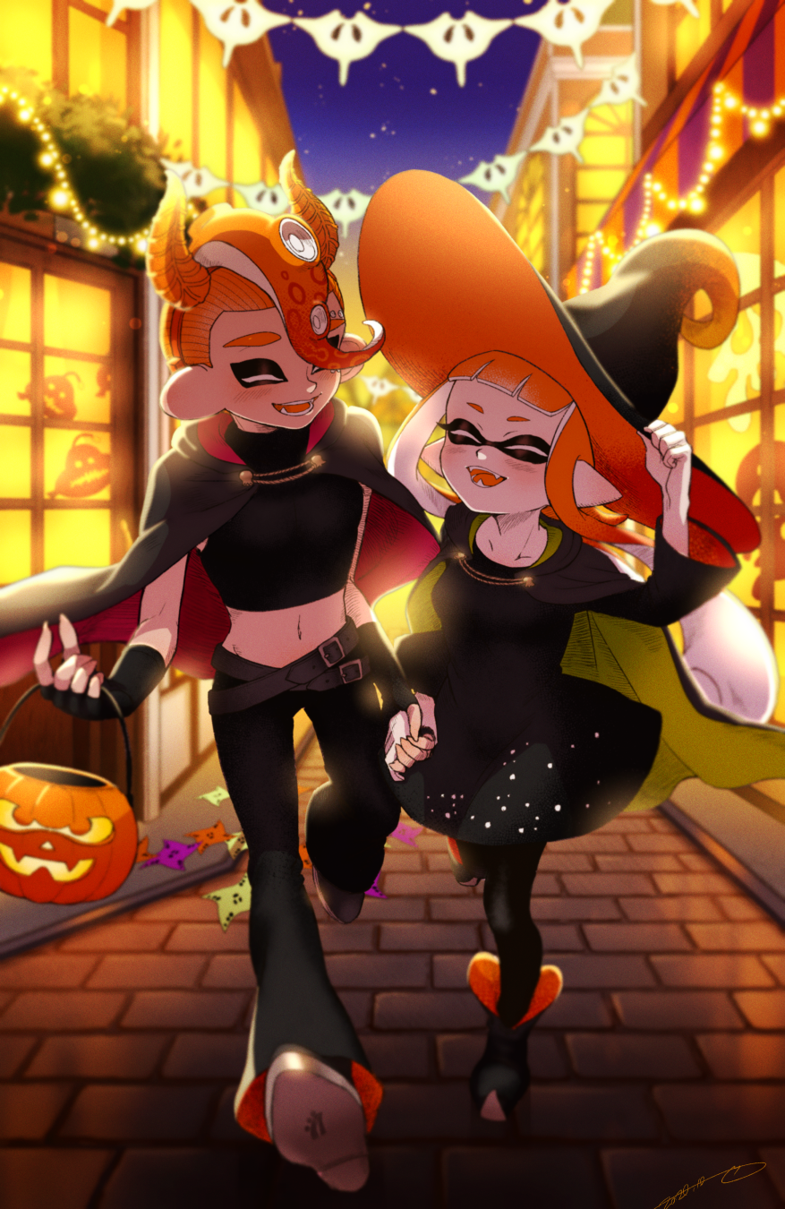 1boy 1girl agent_3_(splatoon) agent_8_(splatoon) black_cape black_dress black_footwear black_gloves black_headwear black_pants black_shirt blunt_bangs blurry blurry_background boots brick_floor cape commentary demon_horns depth_of_field dress facing_viewer fake_horns fingerless_gloves gloves halloween halloween_bucket halloween_costume hat hetero highres holding_hands horns inkling inkling_girl inkling_player_character jack-o&#039;-lantern light long_sleeves medium_dress midriff mohawk navel night night_sky nintendo octoling octoling_player_character open_mouth orange_horns outdoors pants pantyhose pointy_ears red_cape red_headwear shirt sky sleeveless sleeveless_shirt smile splatoon_(series) standing star_(sky) starry_sky suction_cups tentacle_hair two-sided_cape two-sided_fabric two-sided_headwear walking window witch_hat yeneny