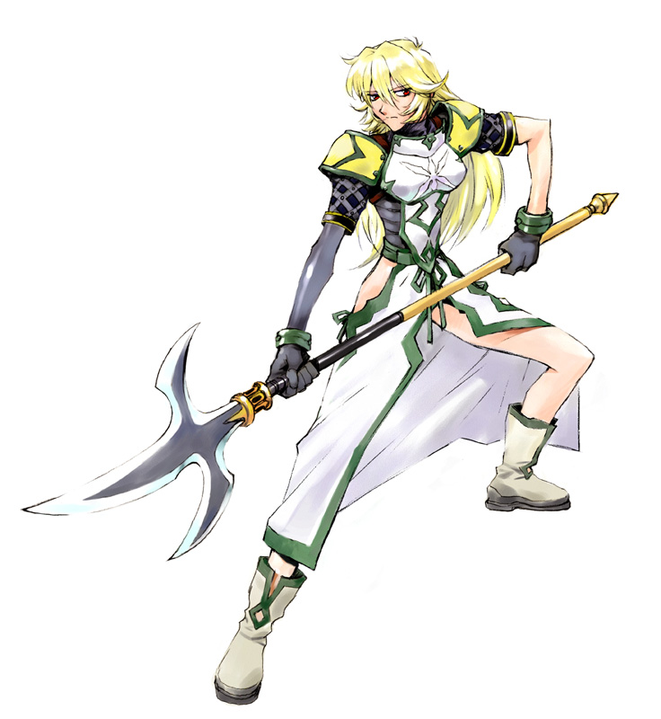.hack// .hack//games 1girl bandai blonde_hair boots cyber_connect_2 elbow_gloves female_focus fighting_stance gardenia gardenia_(.hack//) gloves long_hair no_panties polearm red_eyes single_elbow_glove single_glove solo spear weapon