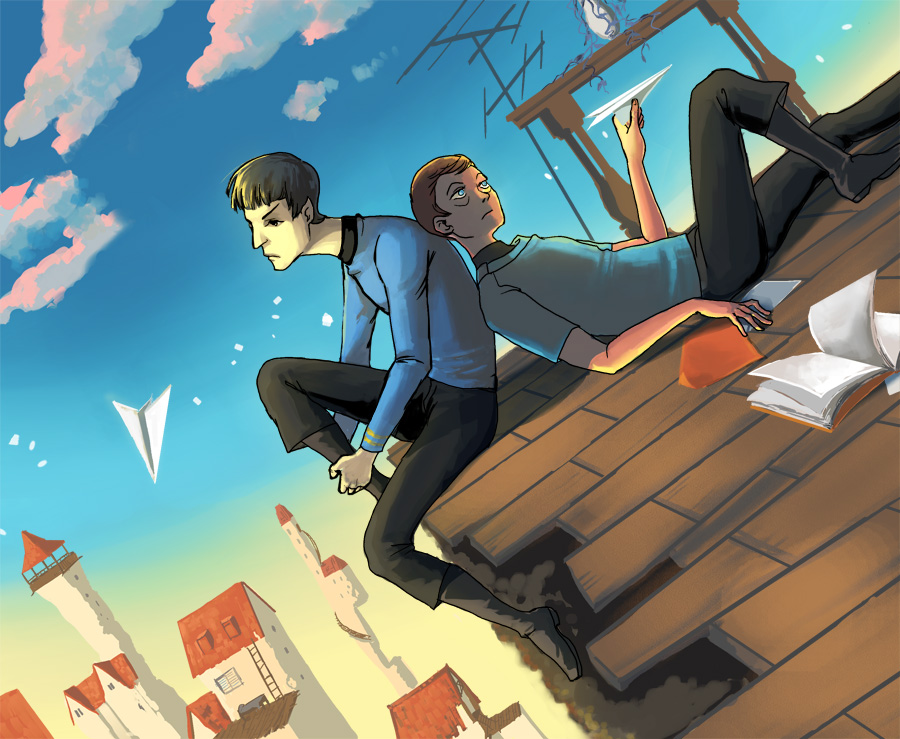 2boys black_footwear blue_eyes blue_sky book boots brown_hair cloud cloudy_sky leonard_mccoy multiple_boys paper pointy_ears simengt sky spock star_trek star_trek:_the_original_series starfleet_uniform vulcan