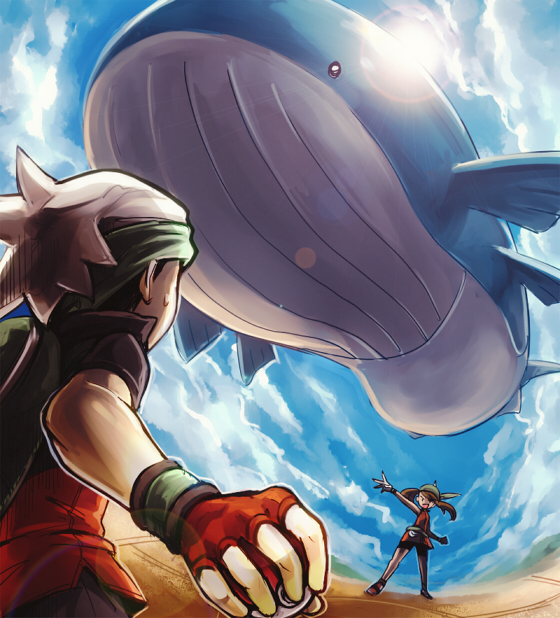 00s 1boy 1girl backpack bag bandana battle bike_shorts black_hair black_shorts blue_sky brendan_(pokemon) brendan_(pokemon_emerald) brown_hair cloud day fanny_pack fingerless_gloves floating gen_3_pokemon gloves green_bandana hat holding holding_poke_ball inumura_(inu_noya) lens_flare may_(pokemon) may_(pokemon_emerald) multicolored_shirt nintendo open_mouth orange_shirt outdoors outstretched_arm poke_ball poke_ball_(basic) pokemon pokemon_(creature) pokemon_emerald pokemon_rse red_gloves shirt short_hair short_sleeves shorts size_difference sky sleeveless sleeveless_shirt smile standing sun sweatdrop wailord