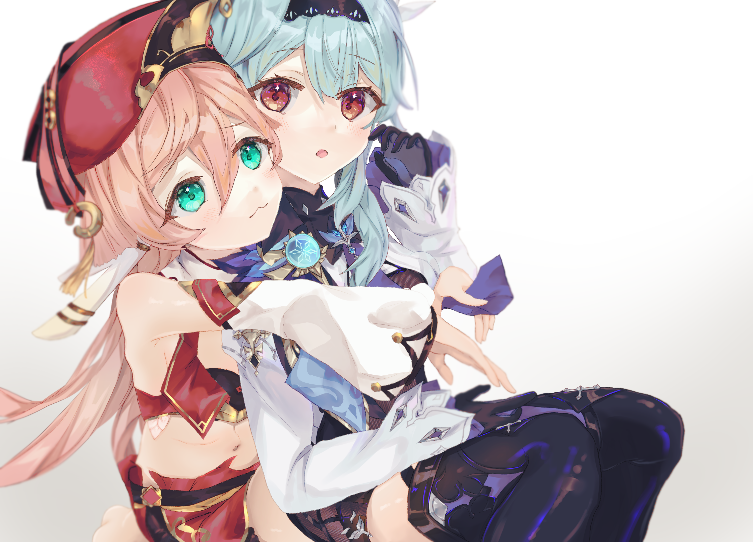 2girls bare_shoulders black_bra blue_hair bra crop_top eula_(genshin_impact) genshin_impact gloves green_eyes hat highres hug hug_from_behind isuzu_(an_icy_cat) long_sleeves midriff multiple_girls navel necktie open_mouth pink_hair sitting skirt thighhighs underwear wide_sleeves yanfei_(genshin_impact) yellow_eyes yuri