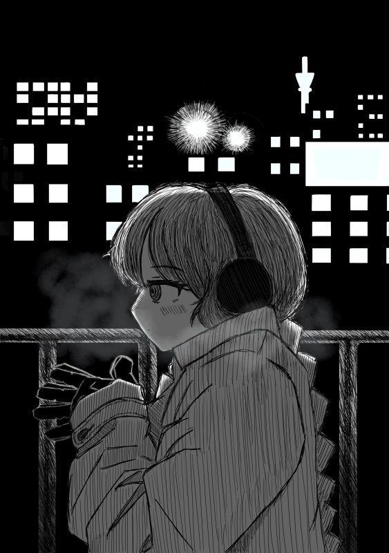 1girl aerial_fireworks braid city commentary doujou_groovy earmuffs english_commentary expressionless fireworks from_side gloves greyscale high_collar long_hair long_sleeves monochrome own_hands_together profile ringed_eyes sekka_yufu solo utau