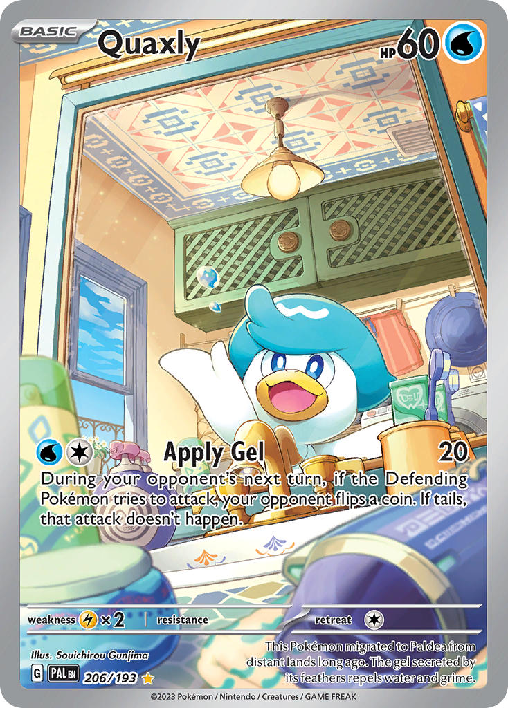 :3 artist_name blue_eyes blue_hat blue_sky bright_pupils card_(medium) ceiling character_name cloud company_name copyright_name copyright_notice day english_text faucet gunjima_souichirou hanging_light hat indoors nintendo no_humans nostrils official_art open_mouth orange_shorts pokemon pokemon_(creature) pokemon_card pokemon_focus pokemon_tcg quaxly shorts sky smile solo third-party_source toothbrush trading_card unworn_hat unworn_headwear unworn_shorts vent_(object) water_drop white_pupils window