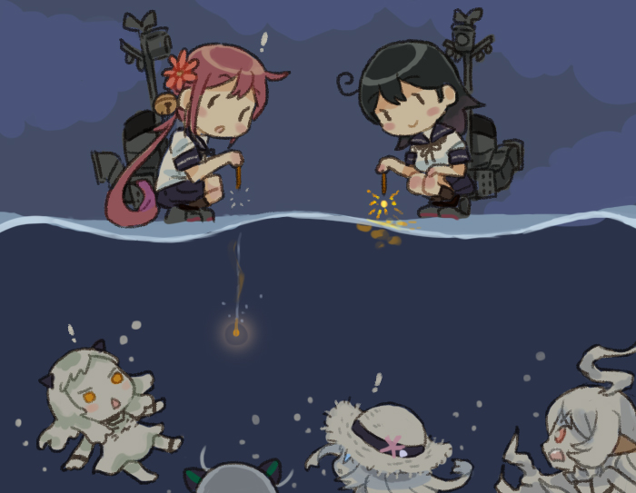 ! 6+girls abyssal_plum_princess abyssal_ship ahoge akebono_(kancolle) bell black_hair black_socks black_thighhighs blue_sailor_collar blue_skirt blush_stickers closed_mouth colored_skin dress fireworks flower hair_bell hair_between_eyes hair_flower hair_ornament hat horns jingle_bell kantai_collection kneehighs long_hair machinery multiple_girls new_battleship_princess new_submarine_princess northern_little_sister open_mouth orange_eyes pale_skin pink_flower pleated_skirt purple_hair rigging saiguchi_otoufu sailor_collar school_uniform serafuku short_sleeves side_ponytail skirt smile smokestack socks sparkler straw_hat sun_hat thighhighs ushio_(kancolle) white_dress white_hair white_skin