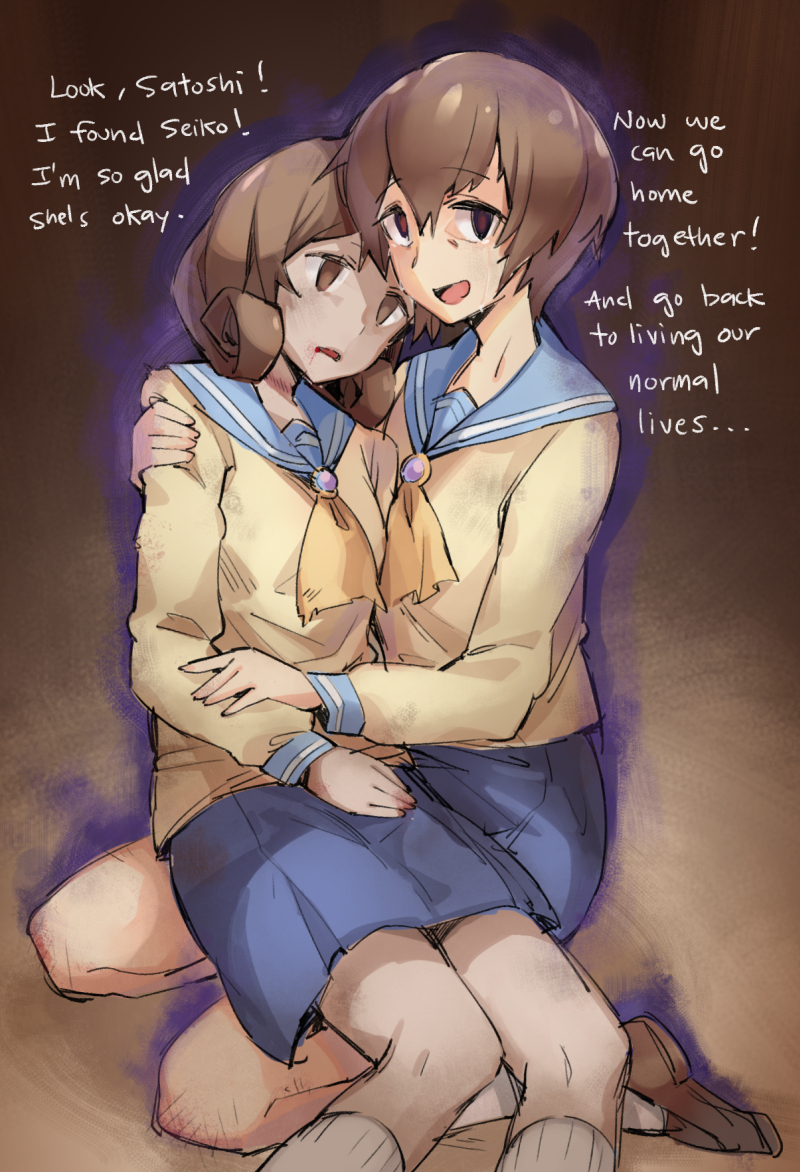 2girls aura beige_shirt blood blood_from_mouth blue_skirt brown_eyes brown_footwear brown_hair bruise corpse corpse_party crying crying_with_eyes_open death empty_eyes english_text eyebrows ge-b hair_between_eyes holding injury kneehighs long_sleeves looking_at_viewer multiple_girls nakashima_naomi open_mouth school_uniform serafuku shinohara_seiko shoes short_hair sitting sketch skirt socks spoilers tears wariza white_legwear