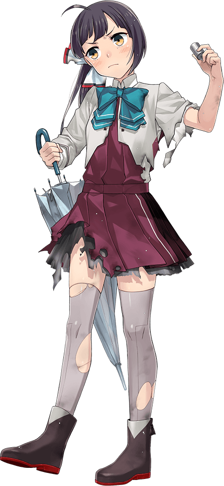 1girl aqua_bow aqua_bowtie asymmetrical_bangs black_boots black_hair boots bow bowtie breasts closed_eyes closed_umbrella cut_bangs depth_charge dress facing_viewer fujikawa fujinami_(kancolle) fujinami_kai_ni_(kancolle) full_body grey_thighhighs hair_ribbon holding kantai_collection long_sleeves looking_at_viewer medium_hair official_art ribbon school_uniform seamed_legwear shirt side-seamed_legwear side_ponytail sideways_glance small_breasts smile solo standing thighhighs torn_clothes torpedo transparent_background umbrella white_ribbon white_shirt yellow_eyes