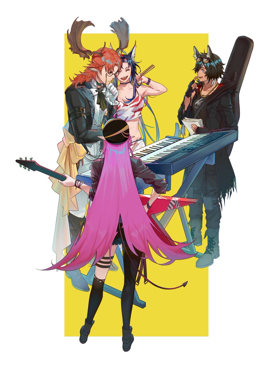 2boys 2girls animal_ears antlers arknights black_gloves black_hair black_neckerchief blaze_(arknights) blue_hair boots cat_ears cat_girl closed_eyes courier_(arknights) czerny_(arknights) deer_boy electric_guitar eyewear_on_head fingerless_gloves fox_boy fox_ears full_body furiwo glasses gloves guitar hat highres horns instrument keyboard_(instrument) long_hair midriff multiple_boys multiple_girls neckerchief orange_hair pink_hair pointy_ears short_hair simple_background smile vigna_(arknights) white_background white_gloves