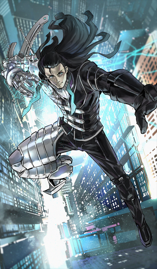 1boy aqua_eyes aqua_hair arm_armor armor armored_boots artist_collaboration ascot asymmetrical_footwear asymmetrical_gloves asymmetrical_legwear asymmetrical_sleeves black_boots black_gloves black_hair black_jacket black_pants boots building city closed_mouth commentary cowlick dynamic_pose exoskeleton fate/grand_order fate_(series) floating_hair gauntlets gloves gradient_hair hair_slicked_back jacket kishimen_hair leg_armor lightning long_hair looking_to_the_side male_focus midair mismatched_footwear mismatched_gloves mismatched_legwear mismatched_sleeves multicolored_hair nikola_tesla_(fate) official_alternate_costume official_art outdoors pants science_fiction shimizu_eiichi shimoguchi_tomohiro shoulder_armor single_gauntlet skyscraper smile solo third-party_source v-shaped_eyebrows white_ascot